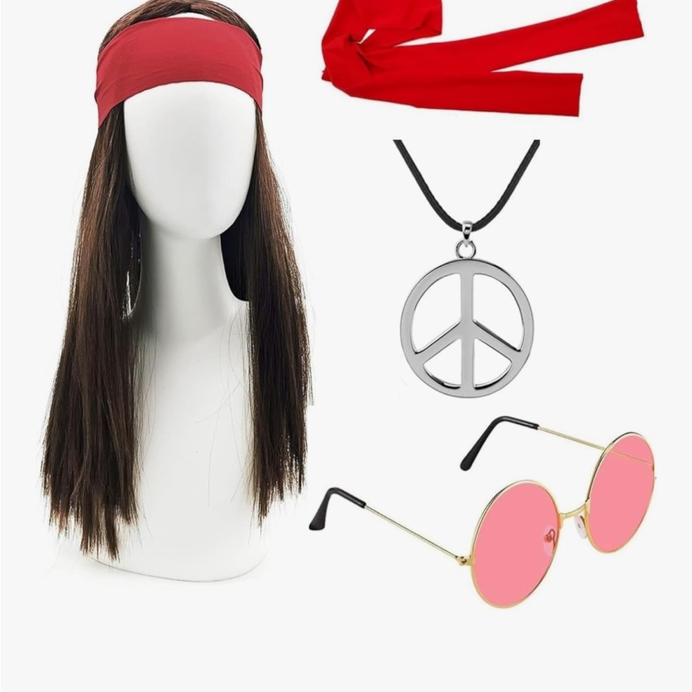 Hippie Costume Red Headband and Pink Sunglasses & long brown hair wig